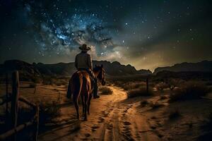 landschap met melkachtig manier. cowboy met zijn paard. neurale netwerk ai gegenereerd foto