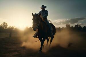 cowboy Aan paard lassoing stier, neurale netwerk ai gegenereerd foto