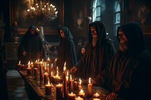 ritueel van middeleeuws priesters met kaarsen in de tempel. neurale netwerk ai gegenereerd foto