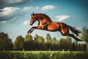 baai paard rennen galop Aan woestijn zand tegen blauw lucht. neurale netwerk ai gegenereerd foto