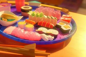 detailopname visie van heerlijk sushi reeks Aan leisteen planken. neurale netwerk ai gegenereerd foto