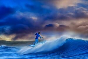 surfer Aan blauw oceaan Golf krijgen loop Bij zonsopkomst. neurale netwerk ai gegenereerd foto