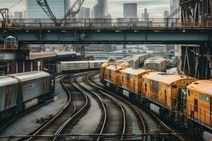 lading trein platform met vracht trein houder Bij depot. neurale netwerk ai gegenereerd foto