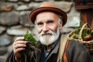 portret van een boer met oogst. neurale netwerk ai gegenereerd foto