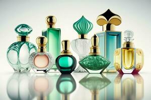 verschillend luxe parfum flessen Aan wit achtergrond. neurale netwerk gegenereerd kunst foto