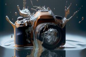 modern slr fotocamera vallend onder water met water spatten. neurale netwerk gegenereerd kunst foto