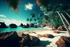 prachtig Seychellen of Maldiven humeur. luxe ga weg plaats met palm bomen en zee water. neurale netwerk gegenereerd kunst foto