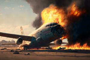 brandend vliegtuig Aan brand ongeluk in Internationale luchthaven. neurale netwerk gegenereerd kunst foto