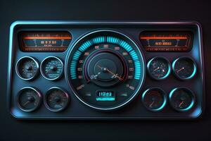 modern luxe sport auto snelheid controle dashboard met blauw licht. neurale netwerk gegenereerd kunst foto