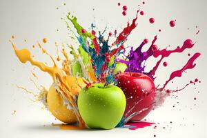 kleurrijk water spatten Aan appels net zo kunst prestatie moment vangen. neurale netwerk gegenereerd kunst foto