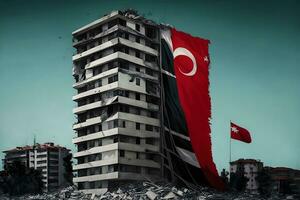 conceptuele illustratie van met meerdere verdiepingen gebouw beschadigd in de aardbeving met groot kalkoen vlag. neurale netwerk gegenereerd kunst foto