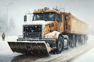 sneeuw ploeg vrachtauto schoonmaak besneeuwd weg in sneeuwstorm. sneeuwval Aan de oprit. neurale netwerk gegenereerd kunst foto
