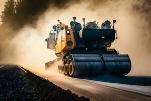 arbeider in werking asfalt bestratingsafwerkmachine machine afwerker gedurende weg bouw en repareren werken. neurale netwerk gegenereerd kunst foto