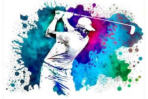 golf speler met waterverf regenboog plons. neurale netwerk gegenereerd kunst foto