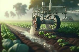 boer gieter zijn planten. neurale netwerk ai gegenereerd foto