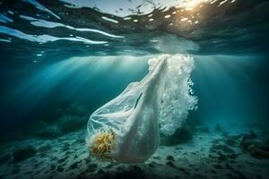 vis en plastic vervuiling. milieuvriendelijk probleem - kunststoffen besmetten zeevruchten. neurale netwerk ai gegenereerd foto