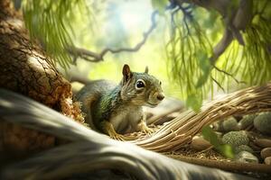 kunst visie Aan wild natuur. schattig rood eekhoorn. neurale netwerk ai gegenereerd foto