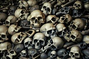 muur van menselijk botten en schedels in een catacombe. neurale netwerk ai gegenereerd foto
