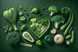 groen groenten in de vorm van een hart. veganistisch concept. neurale netwerk ai gegenereerd foto