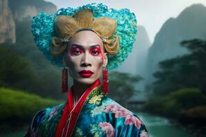Aziatisch keizerin tegen de backdrop van een mooi landschap. neurale netwerk ai gegenereerd foto