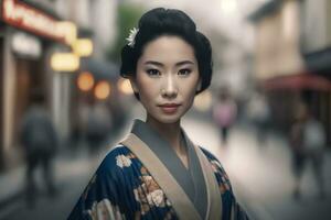 portret van een Japans vrouw in nationaal kleren. neurale netwerk ai gegenereerd foto