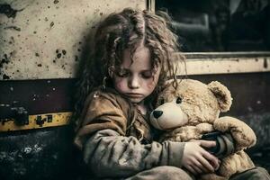 weinig meisje met een teddy beer gedurende de oorlog. evacuatie kinderen. neurale netwerk ai gegenereerd foto