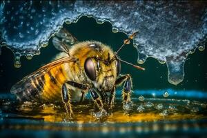 honing bij met water druppels detailopname. neurale netwerk ai gegenereerd foto