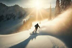 jong Mens snowboarder rennen naar beneden de helling in alpine bergen. winter sport en recreatie. neurale netwerk ai gegenereerd foto