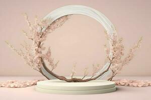 vers weelderig roze sakura bloemen Aan Afdeling met podium mockup in zacht licht. neurale netwerk ai gegenereerd foto