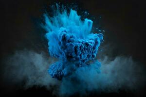 explosie van blauw kleur verf poeder Aan zwart achtergrond. neurale netwerk gegenereerd kunst foto