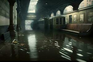 metro overstroming. post-apocalyps concept. neurale netwerk ai gegenereerd foto