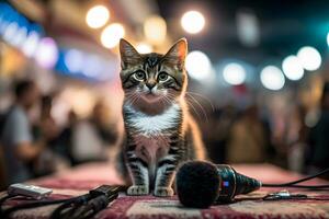 kat artiest zingt in een microfoon. neurale netwerk ai gegenereerd foto