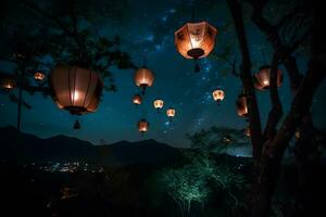 een groot groep van Chinese vliegend lantaarns. neurale netwerk ai gegenereerd foto
