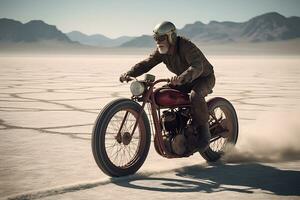 motorrijder rijden door uyuni zout vlak woestijn. neurale netwerk ai gegenereerd foto