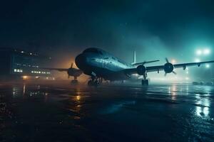 vliegtuig Bij de luchthaven Bij nacht in de regen. neurale netwerk ai gegenereerd foto