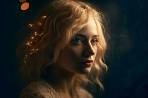 portret van een blond meisje Aan een donker achtergrond. neurale netwerk ai gegenereerd foto
