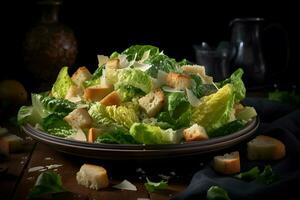 Caesar salade met gegrild kip, croutons, kwartel eieren en kers tomaten Aan houten rustiek tafel. neurale netwerk ai gegenereerd foto