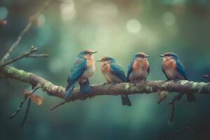 groep van vogelstand Aan een tak, verkoudheid toon. neurale netwerk ai gegenereerd foto