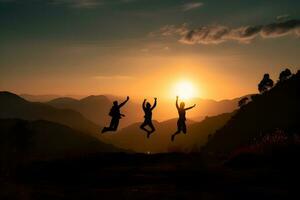 jong vrienden blij jumping tegen de backdrop van de zonsondergang. neurale netwerk ai gegenereerd foto