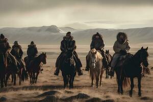 etnisch mongolen in de steppe Aan paard. neurale netwerk ai gegenereerd foto