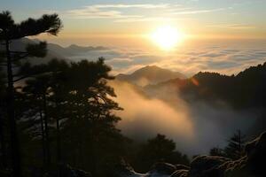 Chinese bergen in de de nevel zonsopkomst. neurale netwerk ai gegenereerd foto