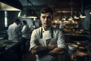 restaurant chef in de keuken. neurale netwerk ai gegenereerd foto