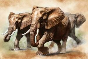 kudde van olifanten in Afrika wandelen door de gras. neurale netwerk ai gegenereerd foto