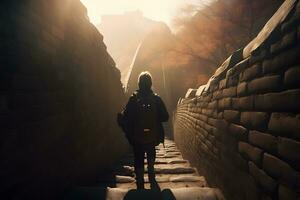 Mens toerist wandelingen langs de Super goed muur van China. neurale netwerk ai gegenereerd foto