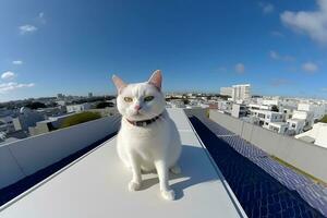 straat rood kat genieten in de zon. neurale netwerk ai gegenereerd foto