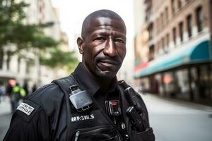 gelukkig en glimlachen Afrikaanse Amerikaans Politie officier. neurale netwerk ai gegenereerd foto