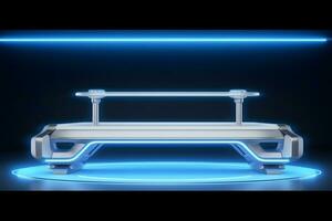 modern Product vitrine sci-fi podium met gloeiend licht neon achtergrond. neurale netwerk ai gegenereerd foto