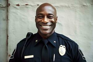 gelukkig en glimlachen Afrikaanse Amerikaans Politie officier. neurale netwerk ai gegenereerd foto