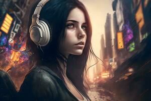 portret van jong meisje met zwart haar- luisteren muziek- met hoofdtelefoons Aan stad straat. neurale netwerk gegenereerd kunst foto