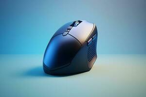futuristische Op maat pc muis concept met gloeiend blauw tonen. neurale netwerk gegenereerd kunst foto